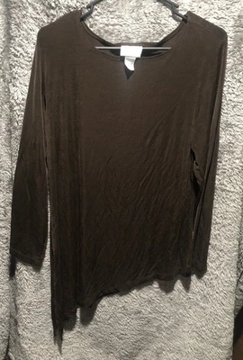 Chicos Travelers 2 Slinky Knit Brown Asymmetrical Hem Top Shirt Classic - Image 1 of 3