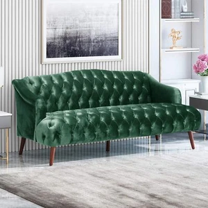 Contemporary Tufted Fabric 3 Seater Sofa Emerald and Walnut - Picture 1 of 9