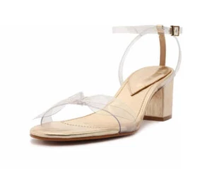 Schutz Elyda Mid Gold Bow Tie Vamp Ankle Strap Open Toe Block Heel Sandals - Picture 1 of 5