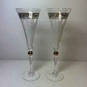 Set of 2 Godiva 2000 CHAMPAGNE FLUTES Crystal Glasses Gold Floral Accents France - Picture 1 of 8