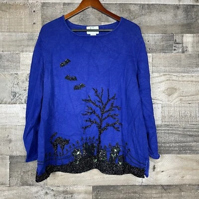 Vtg Quacker Factory Halloween Sweater Size 1X Purple Black Sequins Embroidered - Image 1 of 4