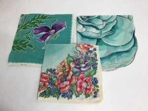 Three (3) Vintage Floral Teal Handkerchiefs Tissues  - Picture 1 of 11