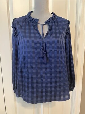 NWT Vineyard Vines Sz XL Deep Blue Silk Blend Checked Blouse Top w/ Ruffles - Image 1 of 4