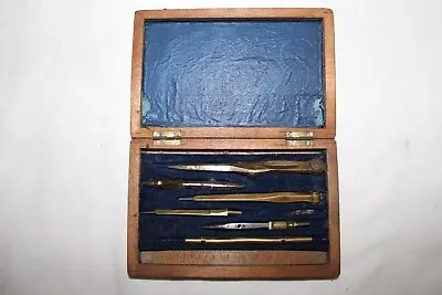VINTAGE  Antique Drafting Brass Compass Set In Wood Case, Protractor • 121.41$