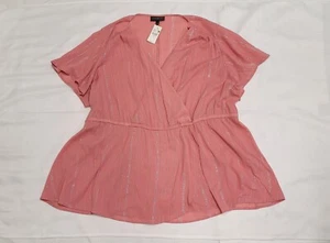 Lane Bryant Womens Plus Size 28 Pink Salmon Silver Metallic Faux Wrap V Neck Top - Picture 1 of 8