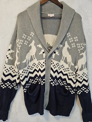 Merona Sweater XL Men’s Navy Blue Gray Howling Wolves Grandpacore Knit Cardigan - Image 1 of 4
