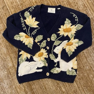 Cardigã Marisa Christina Petite malha à mão suéter coelhos floral PM - Imagem 1 de 4