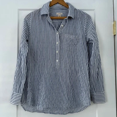 Camisa túnica J Crew listrada com botões azul branca manga longa feminina tamanho 2 - Imagem 1 de 4