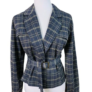 Modcloth Size S Metallic Gold Plaid Blazer Jacket Blue and Gold Belted Classic - Picture 1 of 14