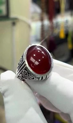 Brown Aqeeq Mens Ring 925 Sterling Silver Natural Akik Stone Agate Men Ring - Image 1 of 4