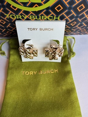 Auth NEW Tory Burch GOLD Textured Hoop Hidden  Earrings Rtl $170 MUST SEE - Image 1 of 4