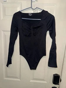 Bodysuit Womens L Black Ribbed Knit Wrap Front Long Sleeve Ruched V-Neck (WTF88) - Foto 1 di 1