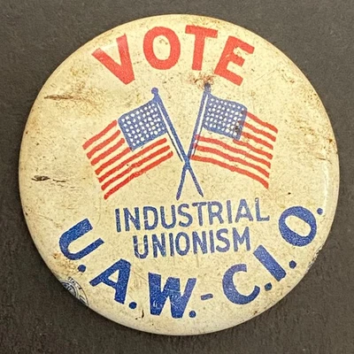 Votar UAW-CIO Sindicalismo Industrial Litografía Acero Pinback c1955 Abolladura y Sin Pin Foto 1 de 2