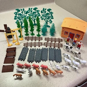 Vintage Plastic Farm Animal Figures Fence Cabin Trees Pig Cow People Model Train - Picture 1 of 21