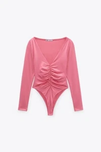 Zara Womans Bodysuit Shirt Top V-Neck M Shoulder pads Fuchsia Pink Size L - Afbeelding 1 van 1