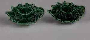 Holly Leaf Taper Candle Holders finger handle CHRISTmas decor Vtg 70s ceramic - Picture 1 of 6