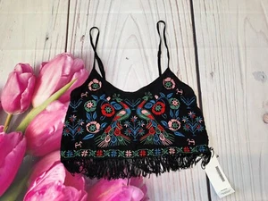 Millau Embroidered Crop Top Spaghetti Straps Black Size Small - Picture 1 of 3