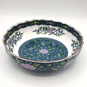 Andrea By Sadek Rose Decorative Bowl Scalloped Gold Trim Teal Blue Floral 8½" - Picture 1 of 13