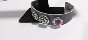 Bracelet Silver Gray Leather BoHo Three Snaps Double Closure - Picture 1 of 4