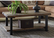 Rustic Industrial Coffee Table w/Lower Shelf, Solid Wood Top, Sturdy Metal Legs 