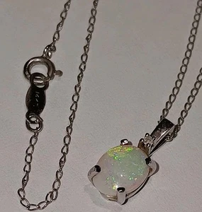 Vintage 14kt White GOLD Opal pendant w/ Vintage 16” chain - Picture 1 of 7
