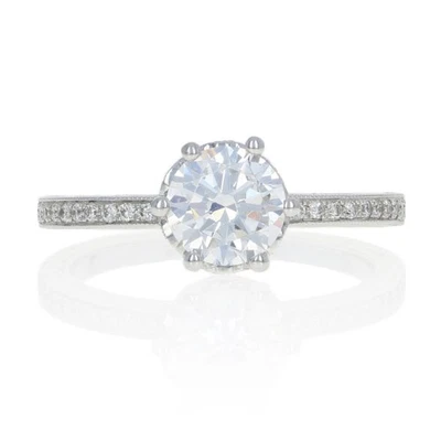 Oro Bianco Orecchini Fidanzamento Anello - 14k Per 6.5mm Centro W 14ctw Diamonds - Immagine 1 di 4