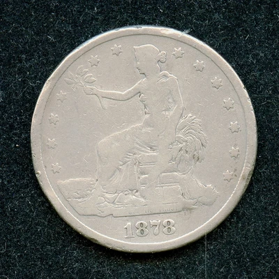 Dólar de plata 1878-EE. UU. Comercio $1 en muy buen estado detalles limpios con topes de borde Foto 1 de 2