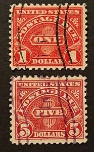 Travelstamps: US Postage Due Stamps Scott #J77-J78 $1 &$5 Used Machine Cancels - Picture 1 of 5