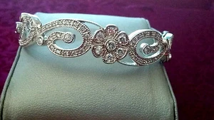 Diamonique Solid 925 Sterling Silver Floral Scroll Bracelet - Picture 1 of 4