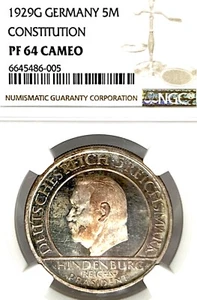 Germany Weimar Republic 1929G 5 Mark CONSTITUTION Thaler NGC PF 64 CAMEO TOP POP - Picture 1 of 3