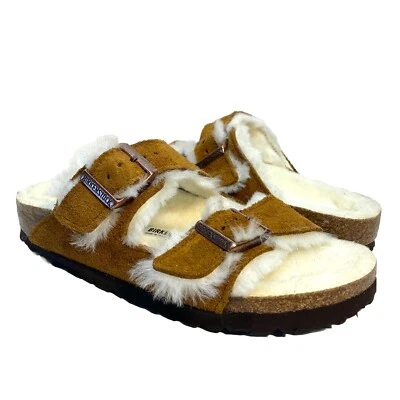 BIRKENSTOCK Womens Arizona Shearling Fur Sandals Narrow Mink Brown (MSRP $150) - Image 1 of 4