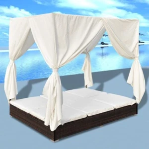 Outdoor Lounge Bed with Curtains Poly Rattan Brown - Picture 1 of 9