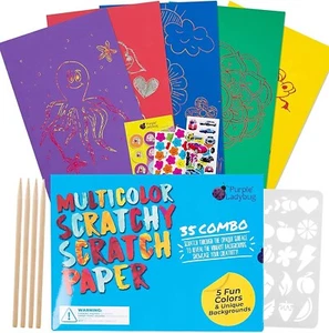 Rainbow Scratch Art Paper Scratchboard for Kids with Stencil a 4 pc Stylus Stick - Picture 1 of 1