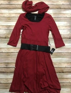 Style Co Womens Full Length Dress Belted Scarf Ribbed Red Lined LS Large - Picture 1 of 1