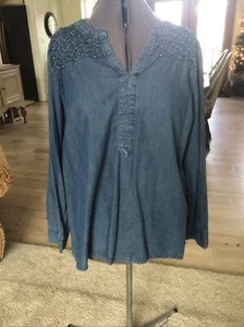 Womens XXL cotton blend (tencel feel) smocked- denim blue tunic Top-Bandolino - Picture 1 of 4