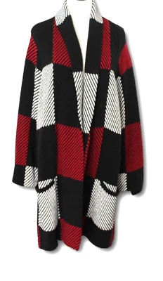 FOXCROFT (2X) Open Front Buffalo Plaid Cardigan Red Black - Image 1 of 3
