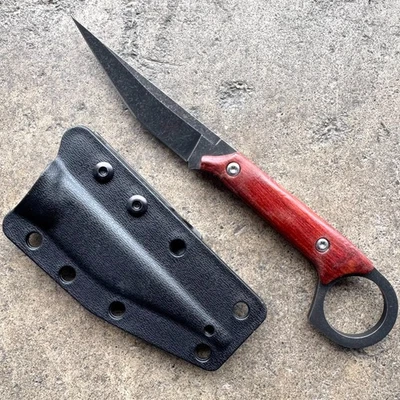 7.5" Stonewash Tactical Combat Survival Fixed Blade Wood Karambit Knife w Sheath - Image 1 of 4