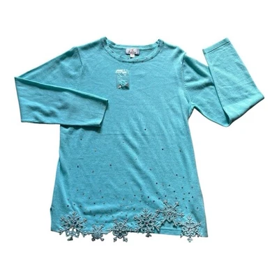 Quacker Factory Snowflake Sweater Women's Size Medium Blue Beaded Sequins Knit - Image 1 of 4