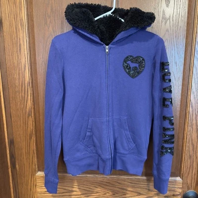 Y2K Victoria's Secret Pink Faux Fur Lined Bling Full Zip Sequin Heart Dog Blue - Image 1 of 4