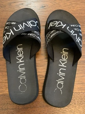 Calvin Klein Womens Slides Flip Flops Black White Fabric Upper ManMade Size 8 - Image 1 of 4