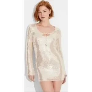 Wild Fable Sequin Long Sleeve Mini Dress Champagne Gold Party Night Out XS NWT - Picture 1 of 11