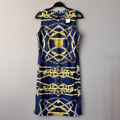 NUEVO CON ETIQUETAS J.McLaughlin Vestido Sin Mangas Azul Marino Dorado Cadena Cheshire Funda Cóctel Grande Foto 1 de 4