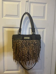 Betsey Johnson Synthetik schwarz & Leopardenmuster Fransen Schulter-/Umhängetasche - Bild 1 von 14