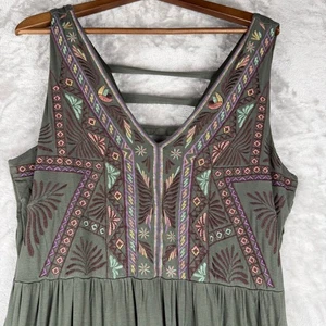 Olivgrünes besticktes Maxikleid V-Ausschnitt ärmellos Boho xl South Western - Bild 1 von 11