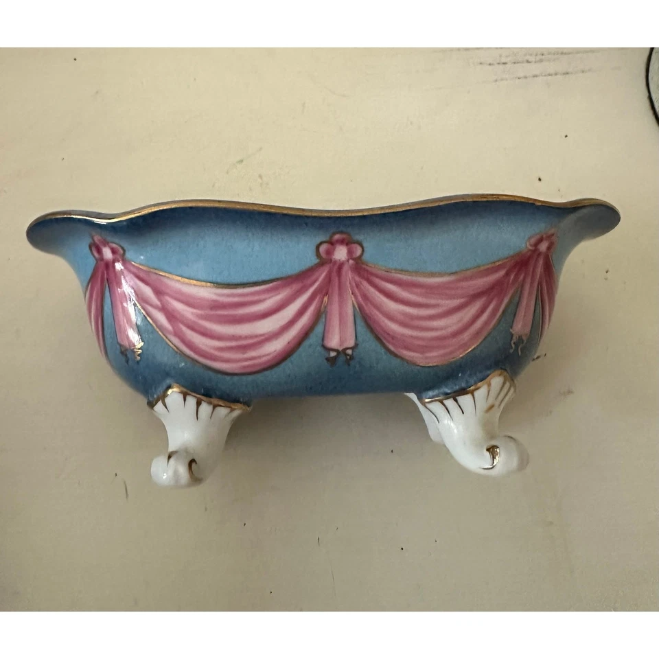 "Bañera miniatura vintage de porcelana con patas pintada a mano con patas de oro rosa 6""" Foto 1 de 4