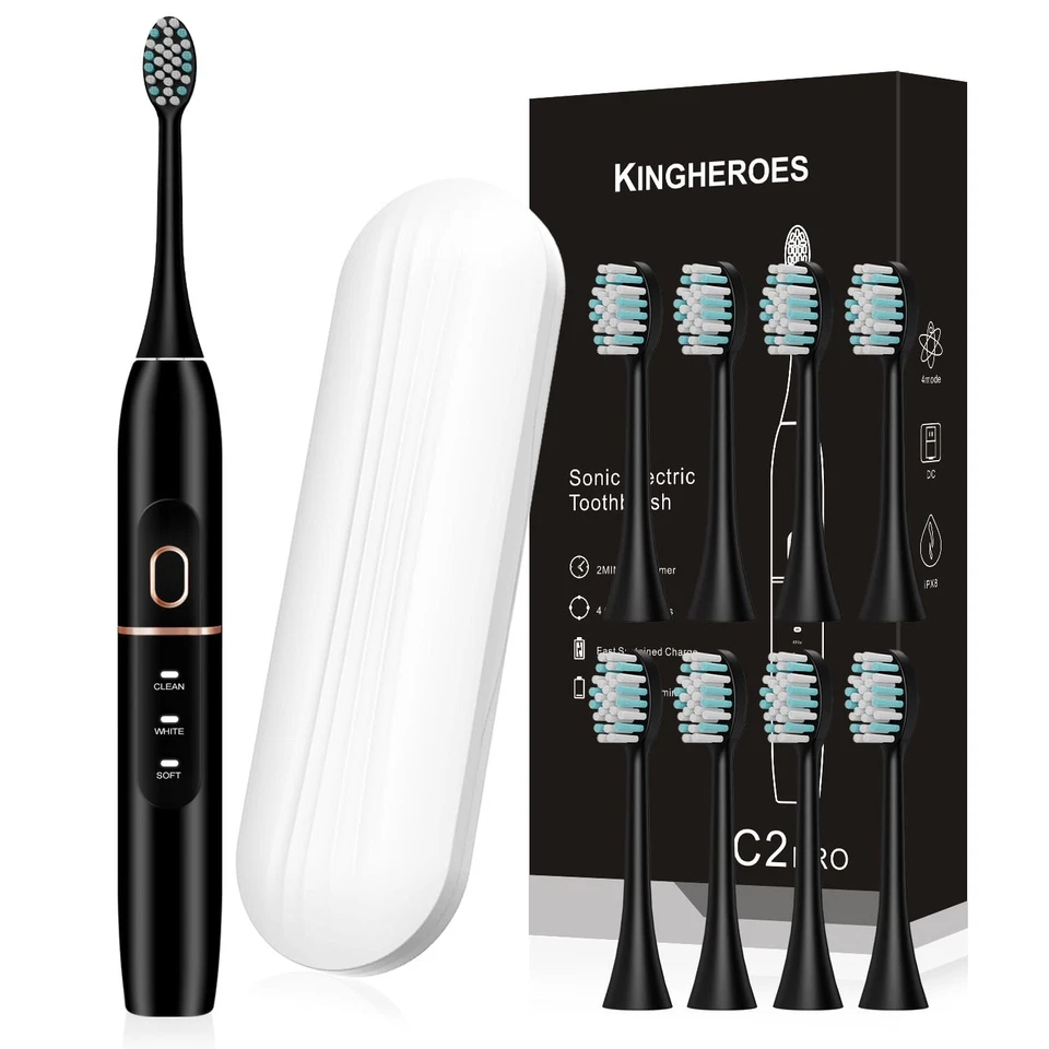 Kingheroes Sonic Electric Toothbrush With 8 Brush Heads & Travel Case 4 Modes