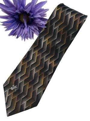 Vintage Don Loper Beverly Hills Geometric Tie Silver/Black/Brown Chevron - Image 1 of 4