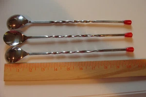 Vtg Bloomfield set of 3 Stainless Steel Cocktail Mixing Spoon 11" red tip - Picture 1 of 3