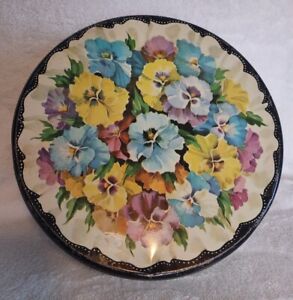 Vintage Large Metal Pansy Flower Tin Container Multicolor  Teal 10 Inch Round
