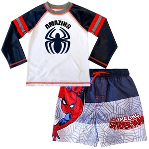 Spiderman Boys Swimsuit Swim Trunks Rash Guard Shirt Shorts Avengers Sz 3T-7 NWT - Picture 1 of 4